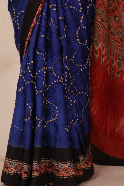 Blue Hand Knotted Bandhej Arakh Modal Silk Saree with Lagdi Pallu | Looms & Tassels