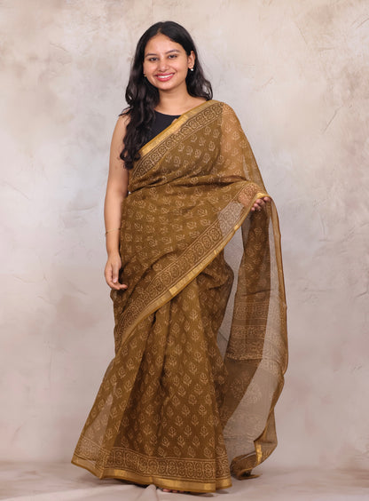 Mustard Pure Kota Doria Saree with Bagru Handblock Prints | Looms & Tassels