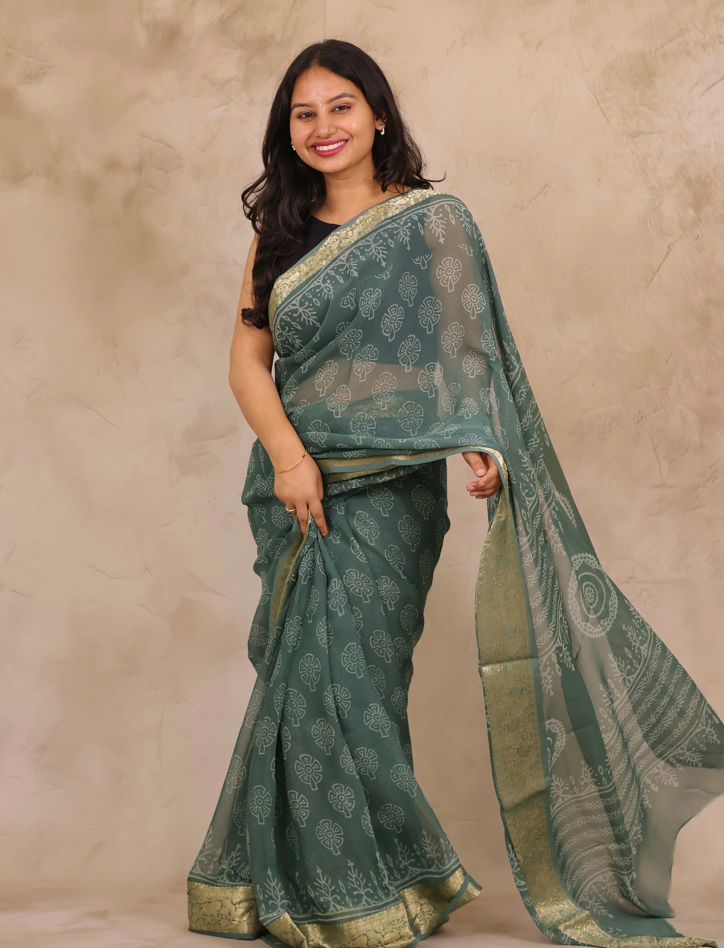 Sea Green Chiffon Hand Block Printed Saree with Jari Border | Looms & Tassels