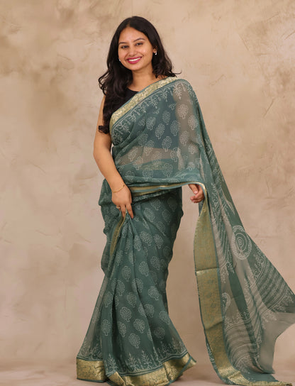 Sea Green Chiffon Hand Block Printed Saree with Jari Border | Looms & Tassels
