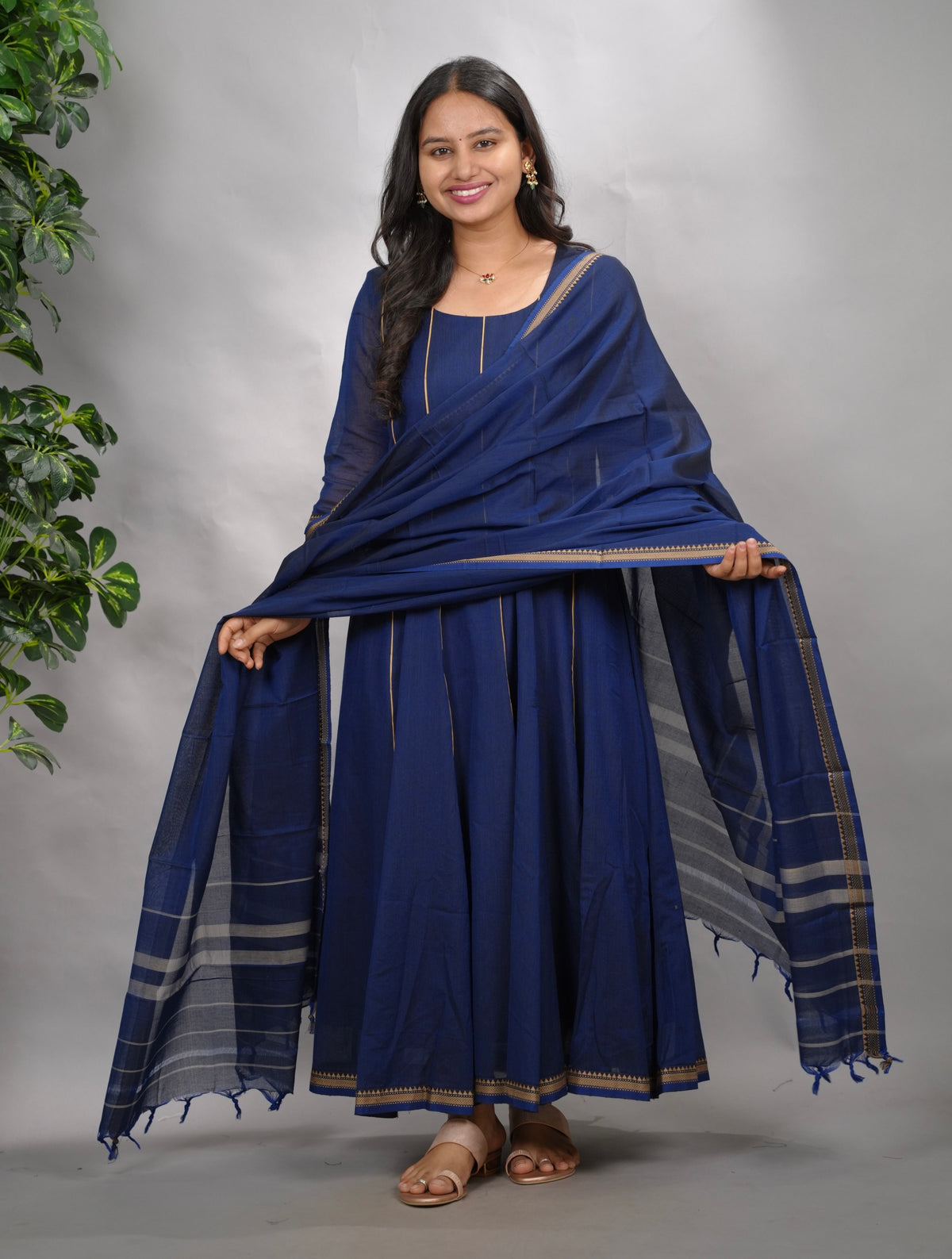 Blue Narayanpet Cotton Anarkali Dress with Narayanpet Dupatta | Looms & Tassels