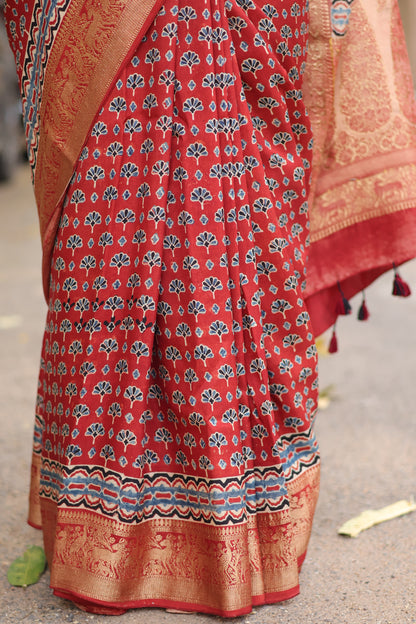 Red Ajrakh Dola Silk Saree