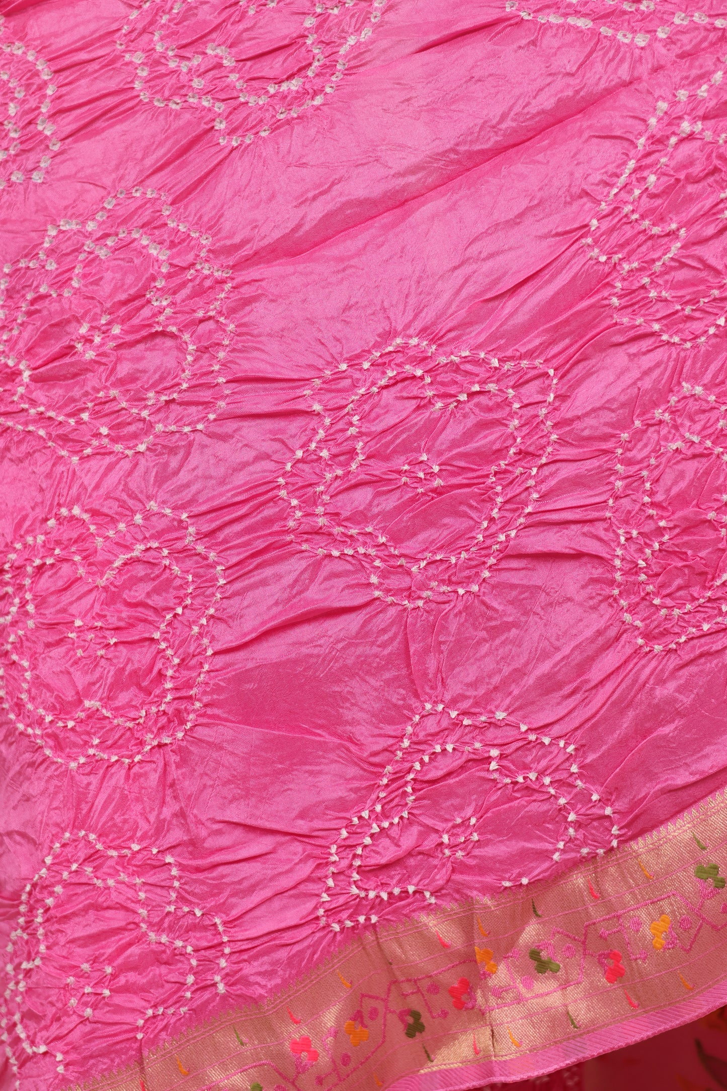 Pink Handcrafted Pattern Bandhani Paithani Dola Silk Saree | Looms & Tassels