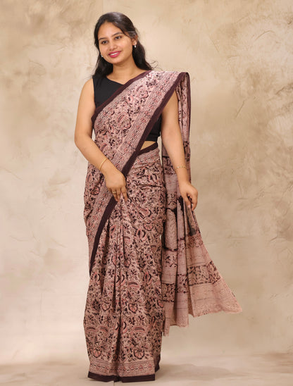 Cream Hand Block Printed Kalamkari Cotton Saree | Looms & Tassels