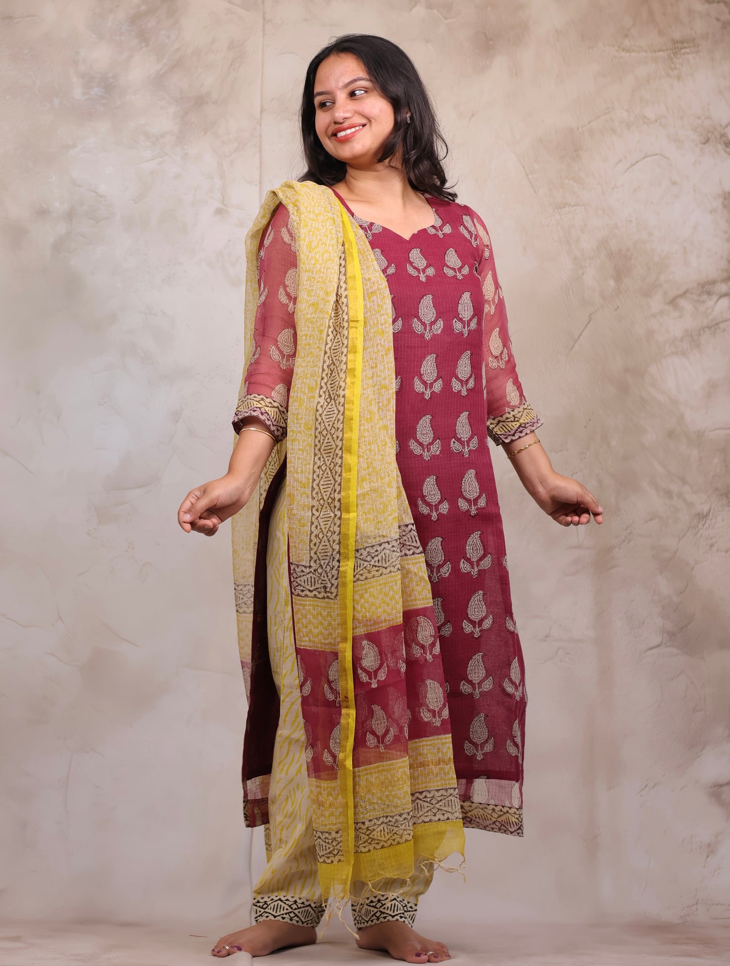 Handblock printed kota 3 piece suit (stitched)