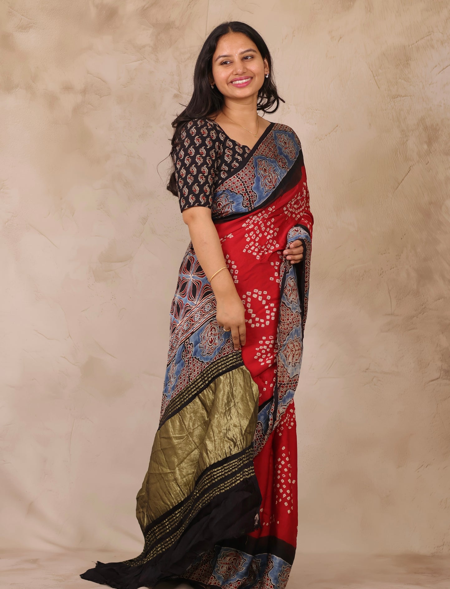 Red Hand Knotted Bandhej Arakh Modal Silk Saree with Lagdi Pallu | Looms & Tassels