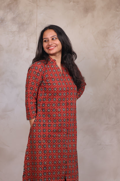 Red Ajrakh Hand Block Printed Kurti | Looms & Tassels