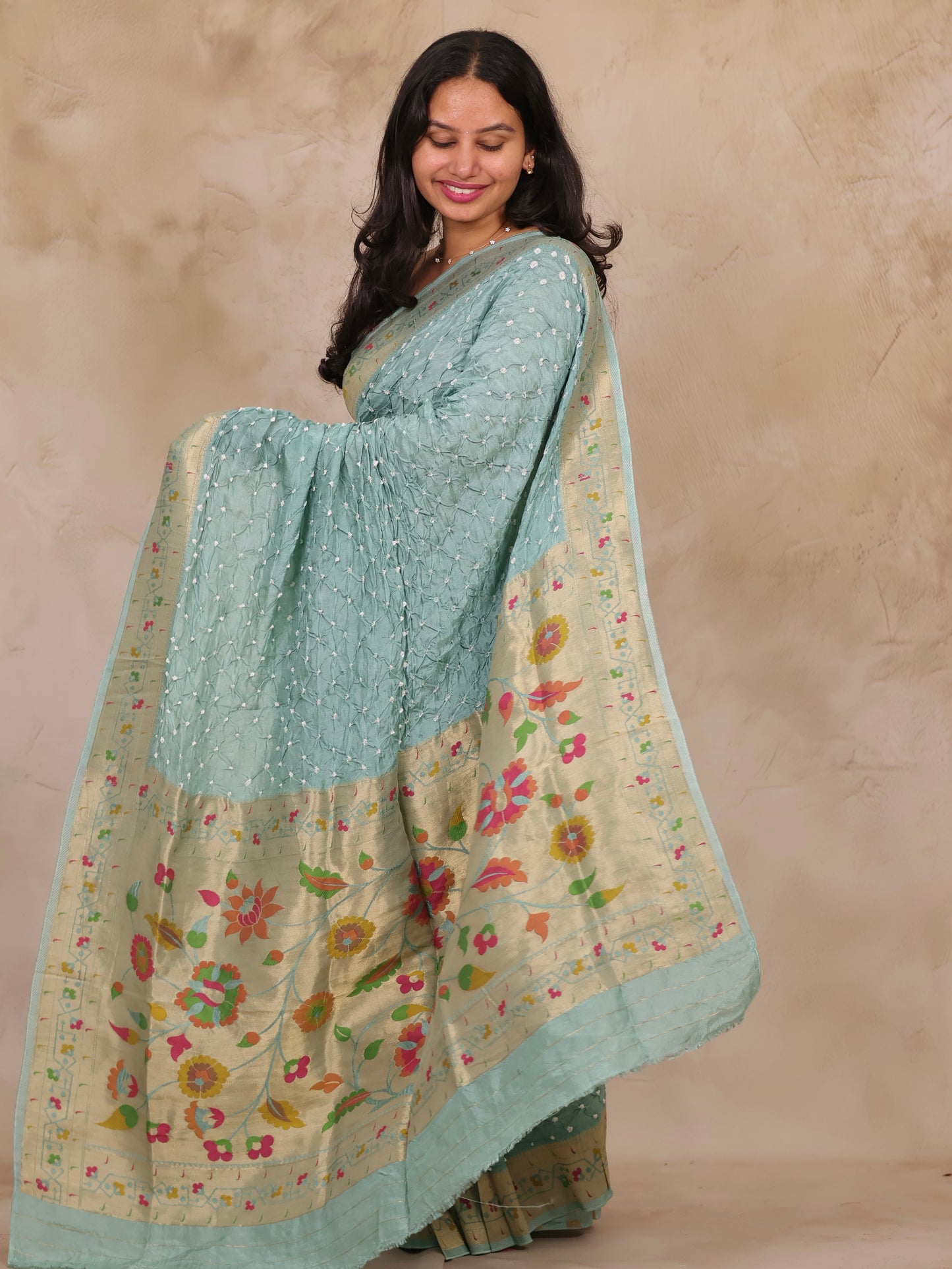 Sea Green Handcrafted Bandhani Paithani Dola Silk Saree | Looms & Tassels