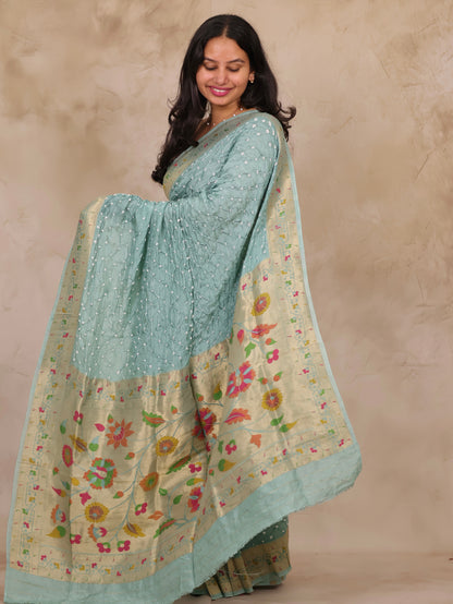 Sea Green Handcrafted Bandhani Paithani Dola Silk Saree | Looms & Tassels