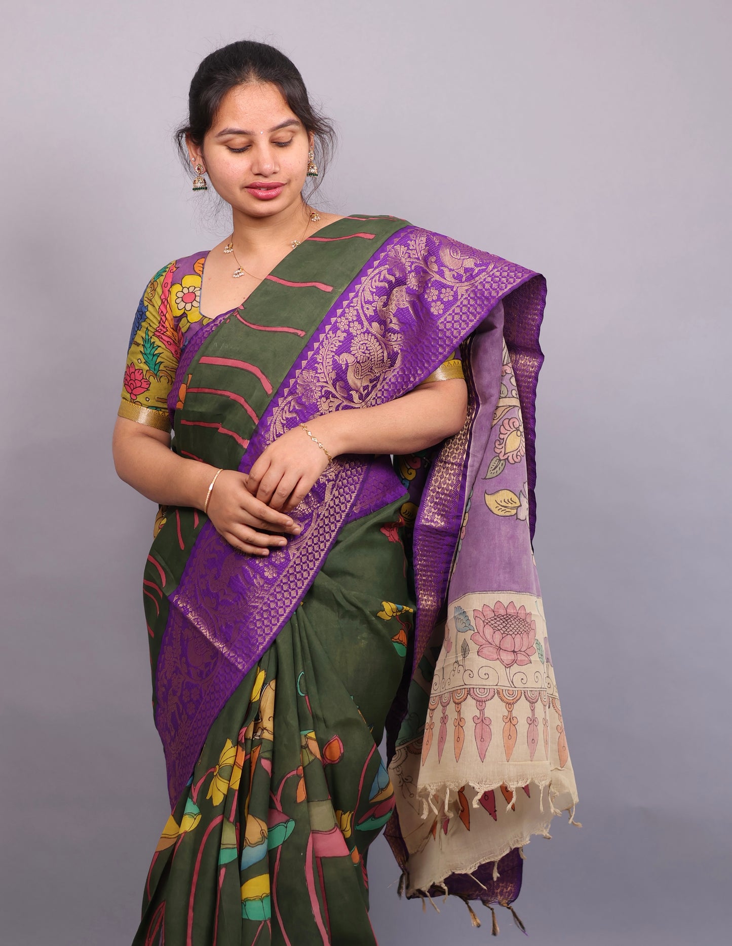 Green Hand Painted Pen Kalamkari Silk Saree