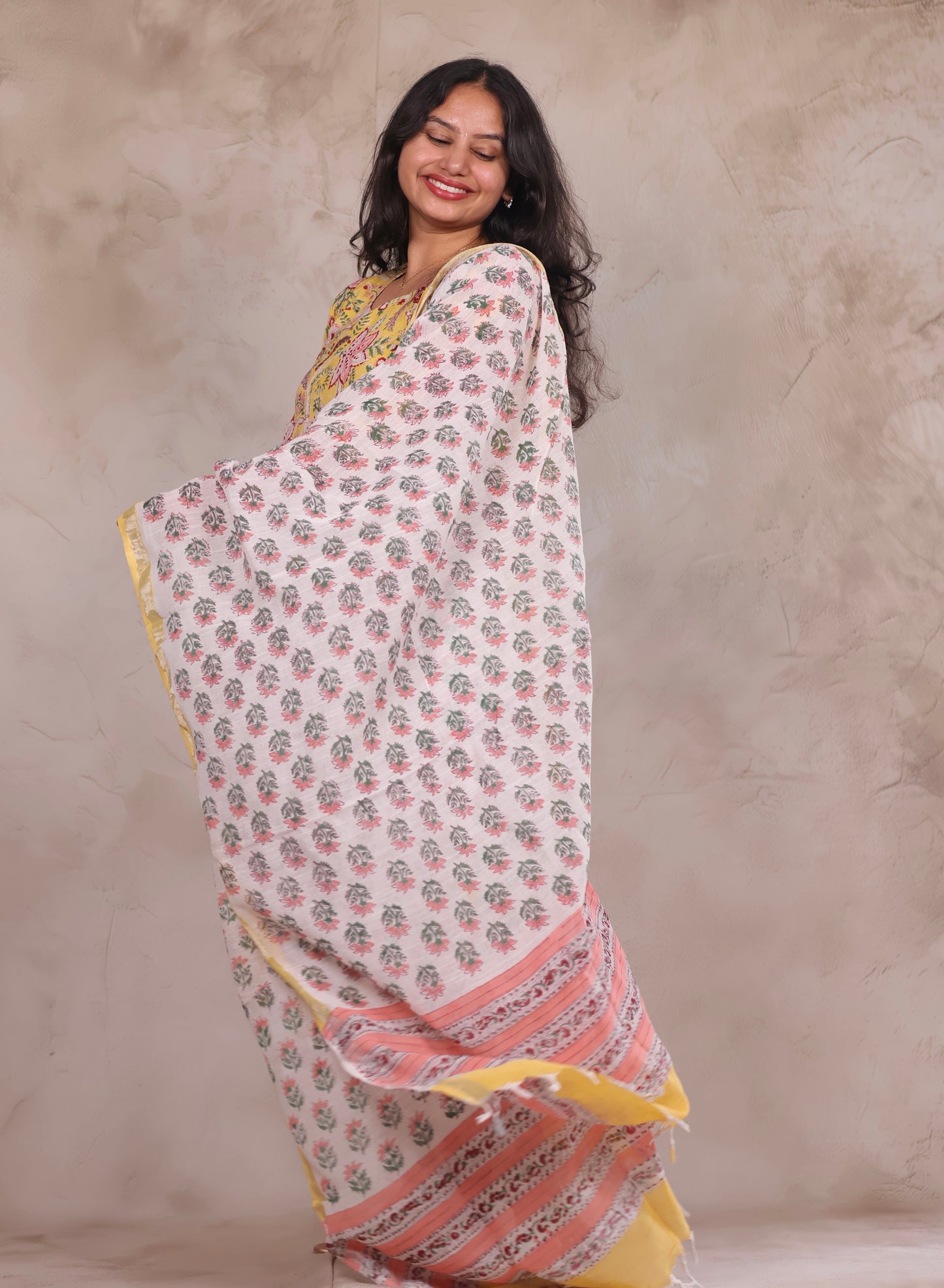 Yellow Linen Cotton Handblock printed 3 piece suit (stitched)