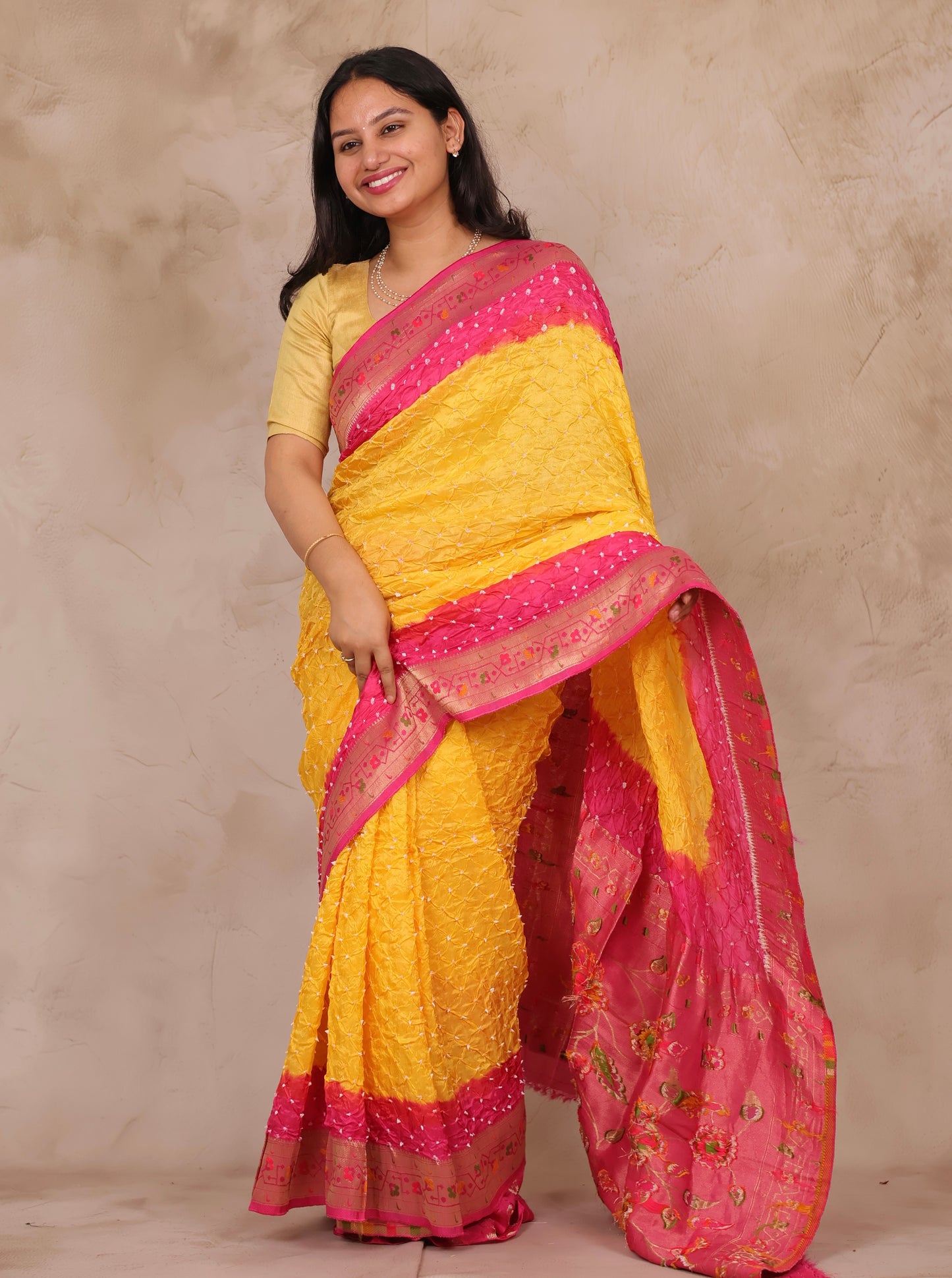Pink & Yellow Handcrafted Bandhani Paithani Dola Silk Saree | Looms & Tassels