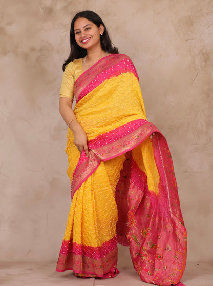 Pink & Yellow Handcrafted Bandhani Paithani Dola Silk Saree | Looms & Tassels