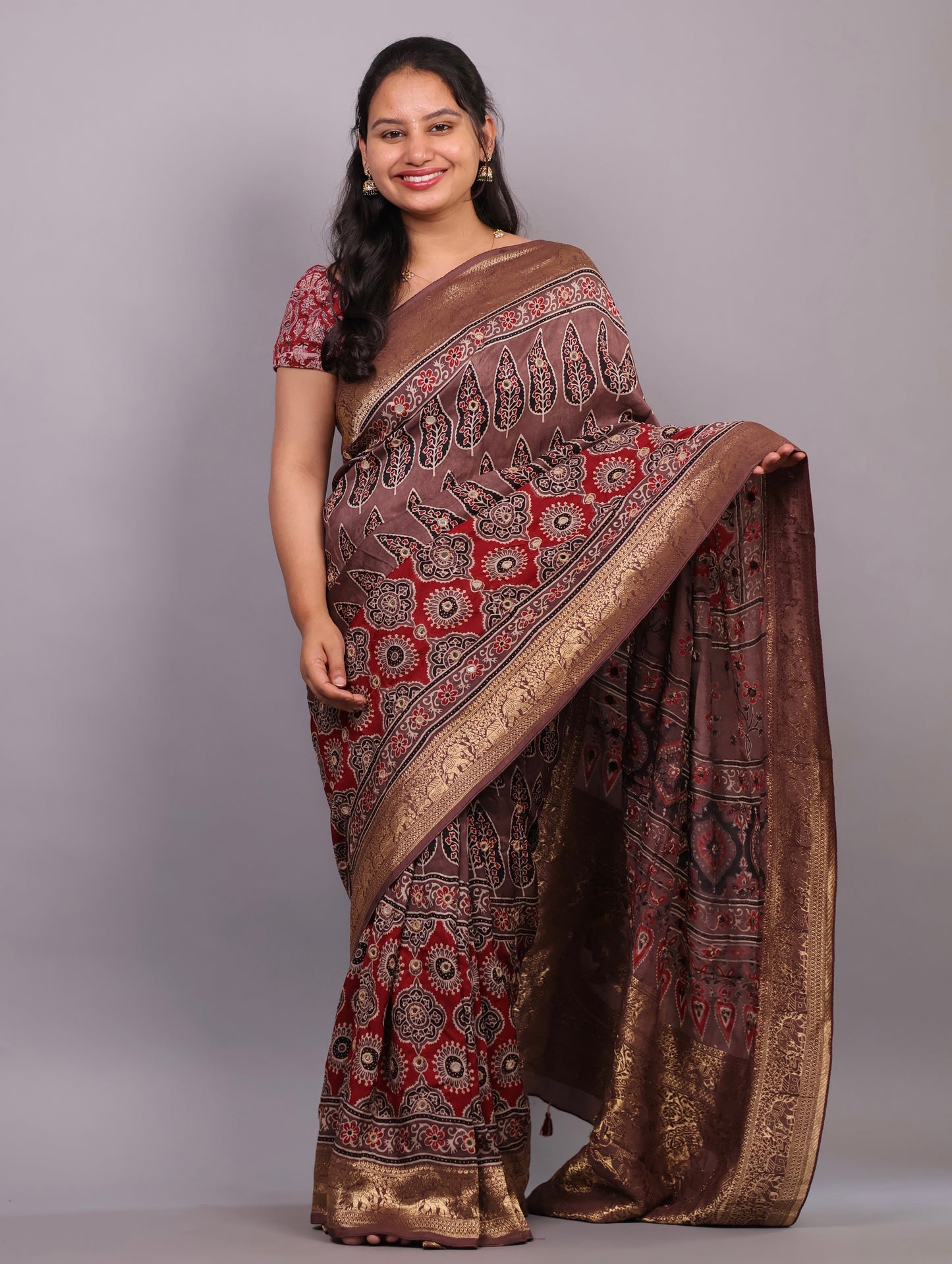 Handcrafted Ajrakh Dola Silk Saree with Authentic Banjara Mirror Work | Looms & Tassel