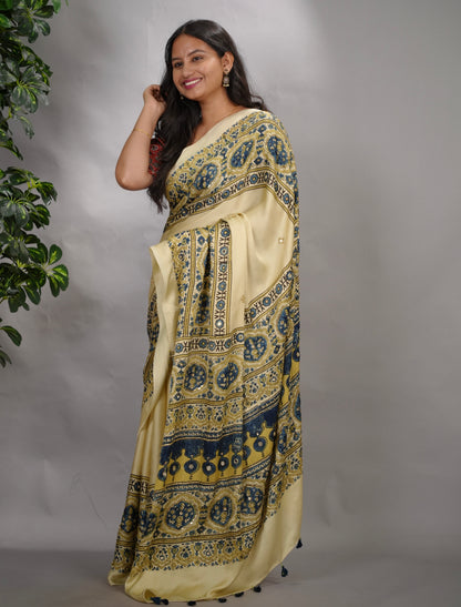 Off White Ajrakh Modal Silk Hand Embroidery Saree  | Looms & Tassels