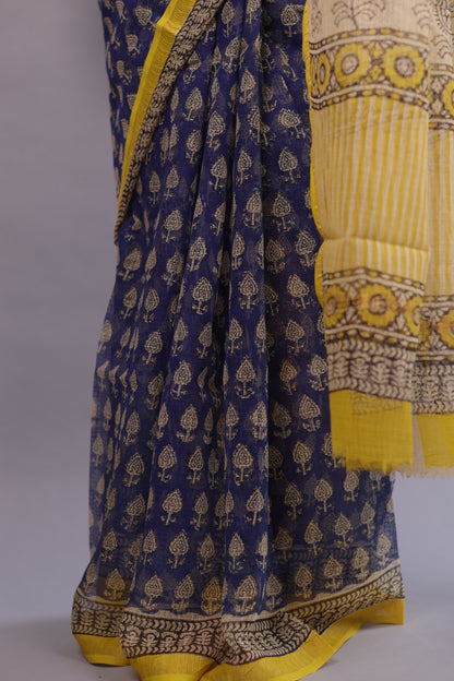 Pure Kota Doria Saree with Bagru Handblock Prints – Blue | Looms&Tassels