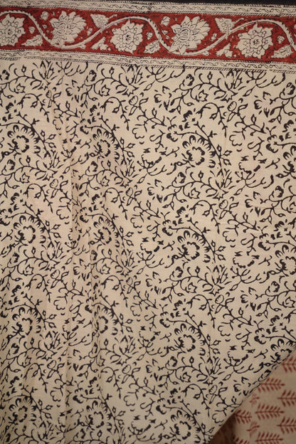 Cream Bagru Handblock printed MulMul cotton saree | Looms & Tassels
