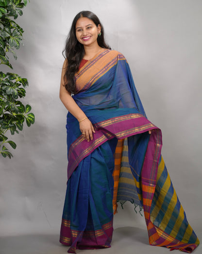 Peacock Blue Narayanpet Cotton Saree With Ganga And Jamuna Border | Looms & Tassels