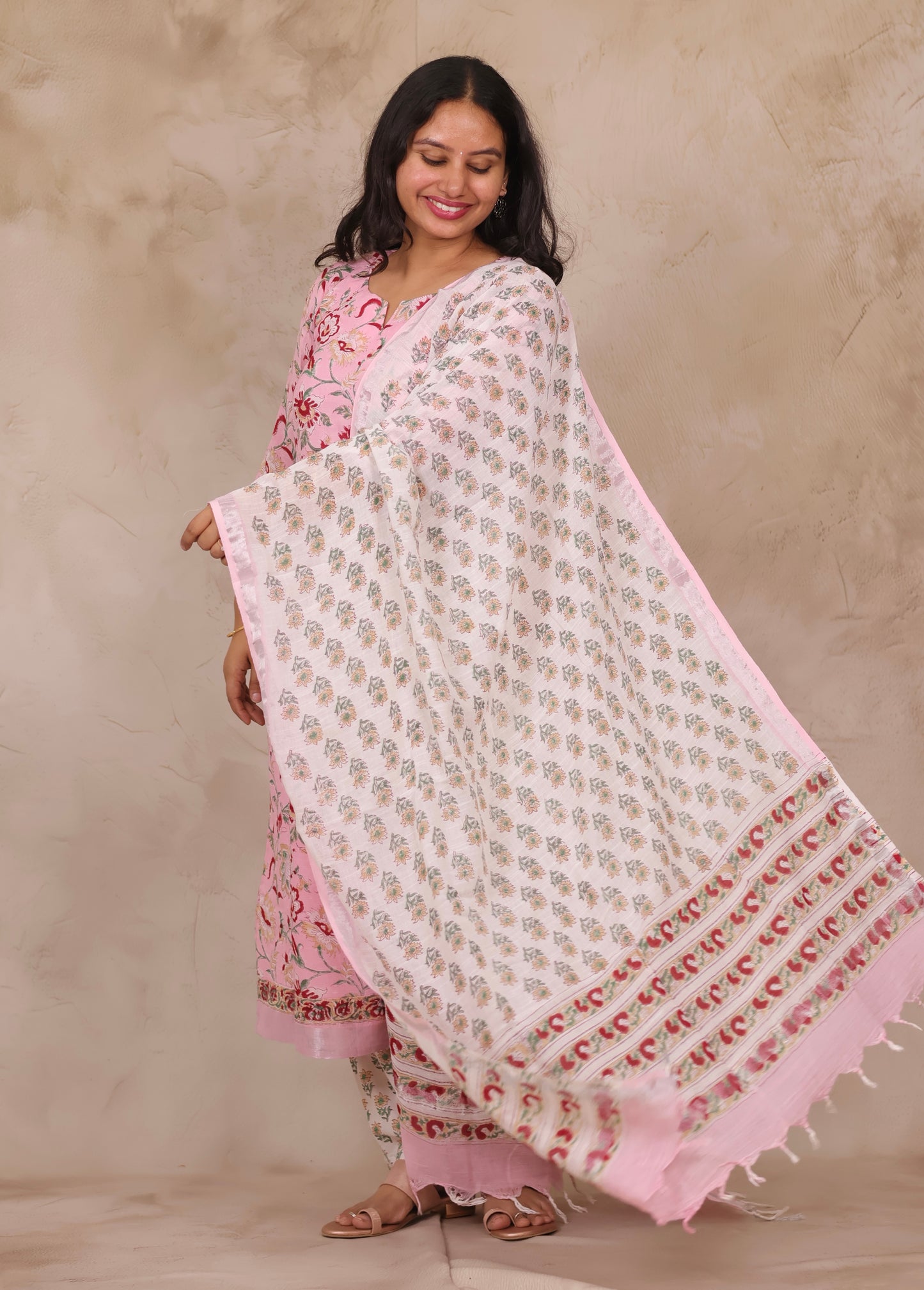 Baby Pink Linen Cotton Handblock printed 3 piece suit (stitched)