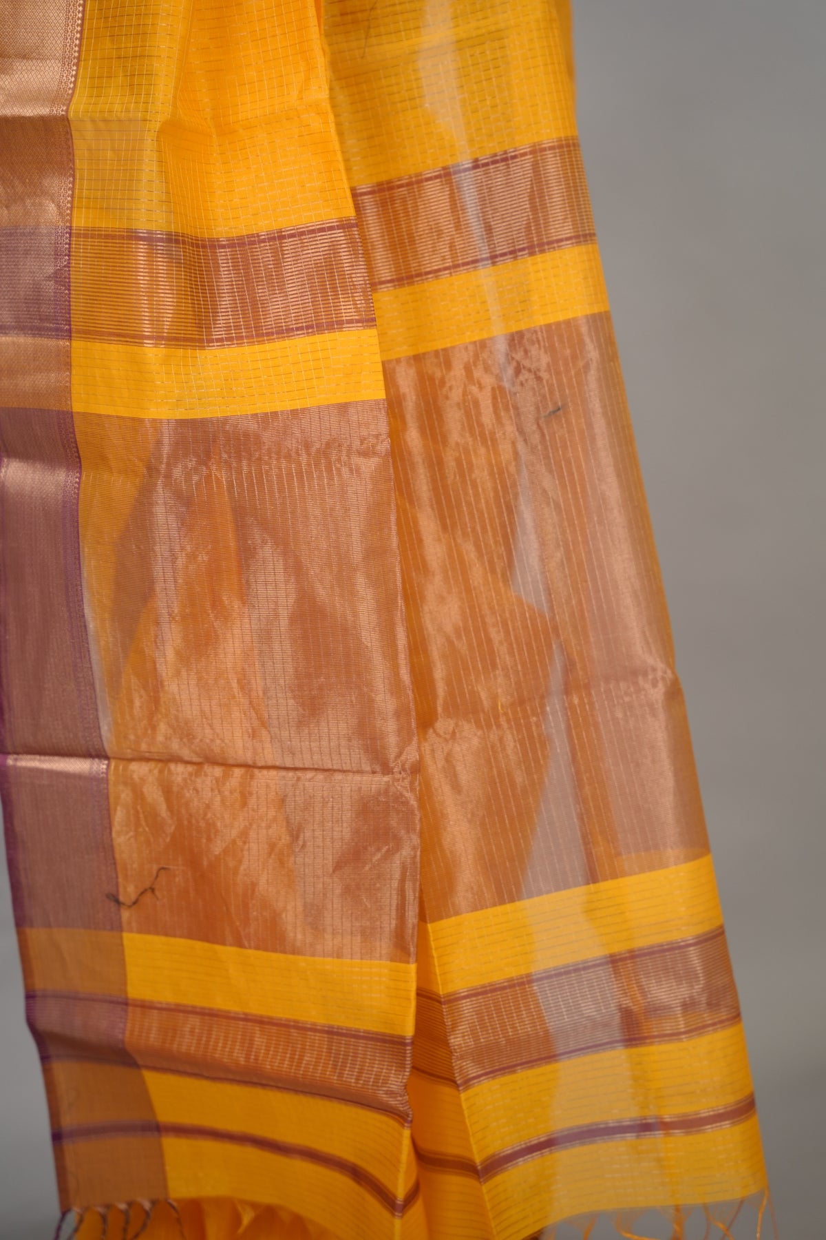 Yellow Checks Handloom Maheswari Silk Cotton Sarees | Looms & Tassels