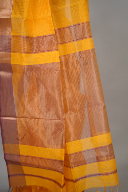 Yellow Checks Handloom Maheswari Silk Cotton Sarees | Looms & Tassels