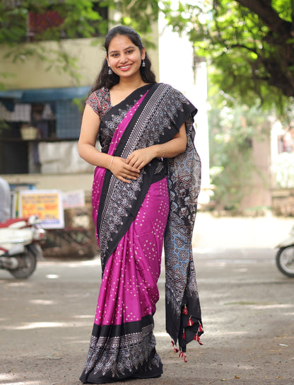 Ajrakh Bandhej Modal Silk Saree