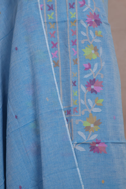 Powder Blue Handwoven Jamdhani weaving pure Malai cotton 2 piece suit sets | Looms & Tassels