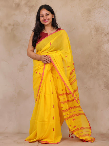 Yellow Handwoven Malai Cotton Saree| Looms & Tassels
