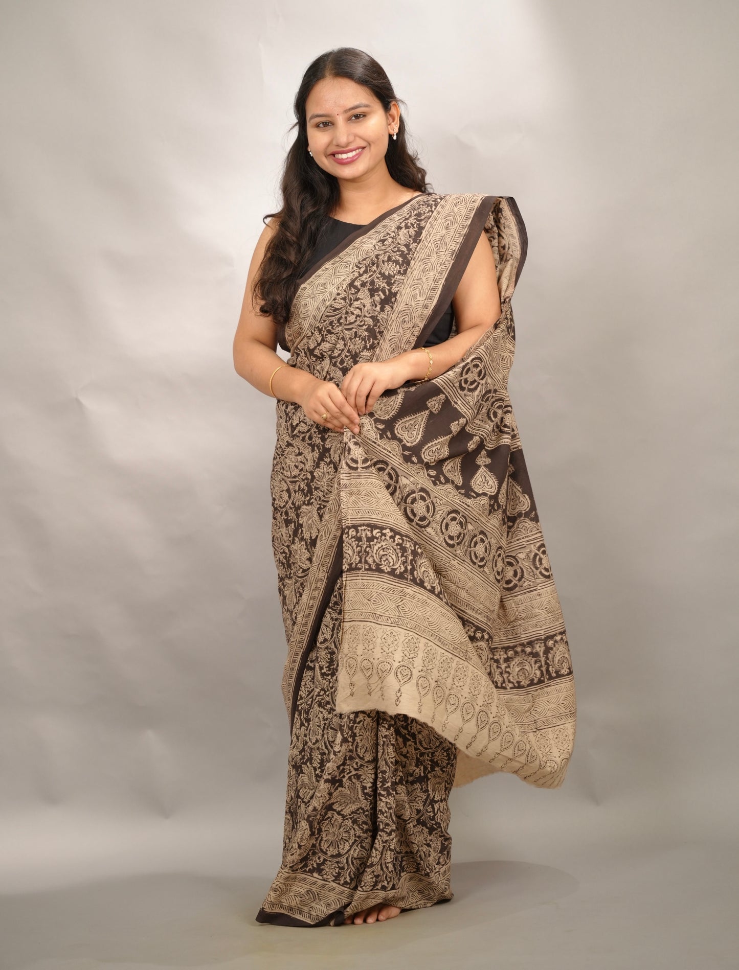 Black Hand Block Printed Kalamkari Cotton Saree | Looms & Tassels