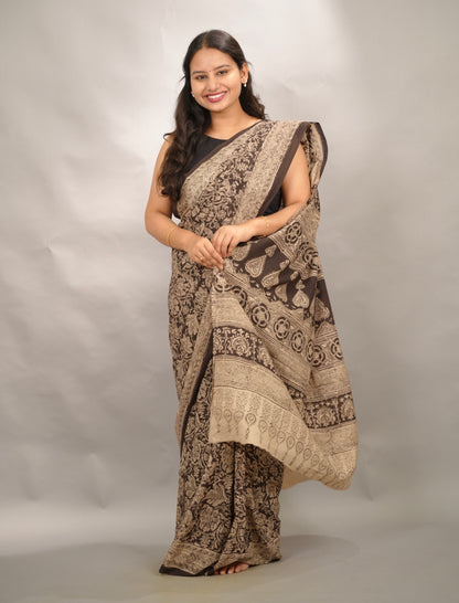 Black Hand Block Printed Kalamkari Cotton Saree | Looms & Tassels
