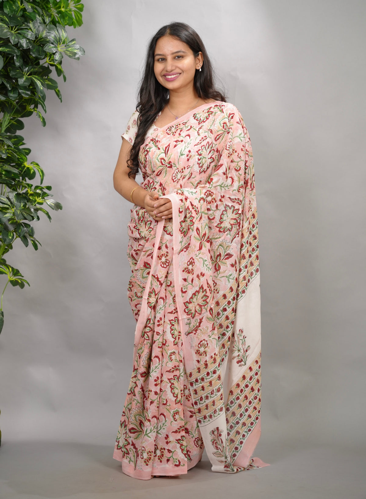 Pastel Pink Georgette Hand Block Printed Saree| Looms & Tassels
