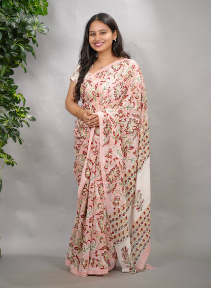 Pastel Pink Georgette Hand Block Printed Saree| Looms & Tassels