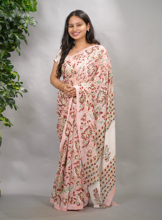 Pastel Pink Georgette Hand Block Printed Saree| Looms & Tassels