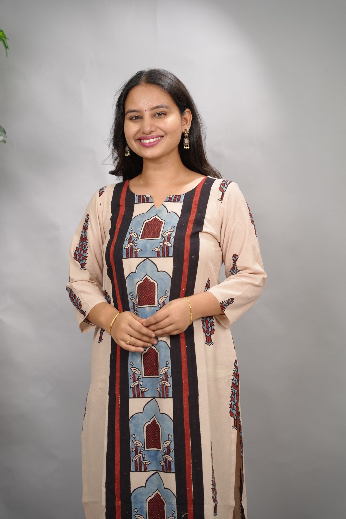 Cream Ajrakh Pattern Hand Block printed Kurti | Looms & Tassels