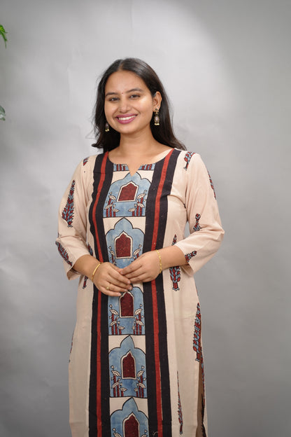 Cream Ajrakh Pattern Hand Block printed Kurti | Looms & Tassels