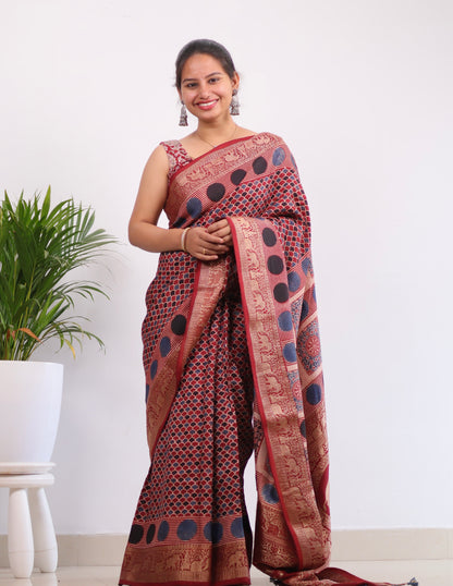 Ajrakh Dola Silk Saree