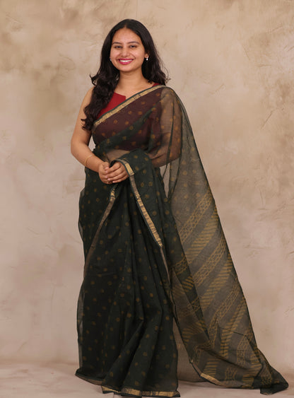 Green Pure Kota Doria Saree with Bagru Handblock Prints | Looms & Tassels
