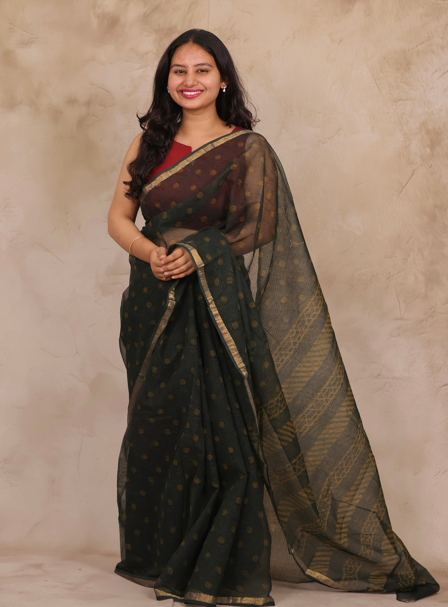 Green Pure Kota Doria Saree with Bagru Handblock Prints | Looms & Tassels
