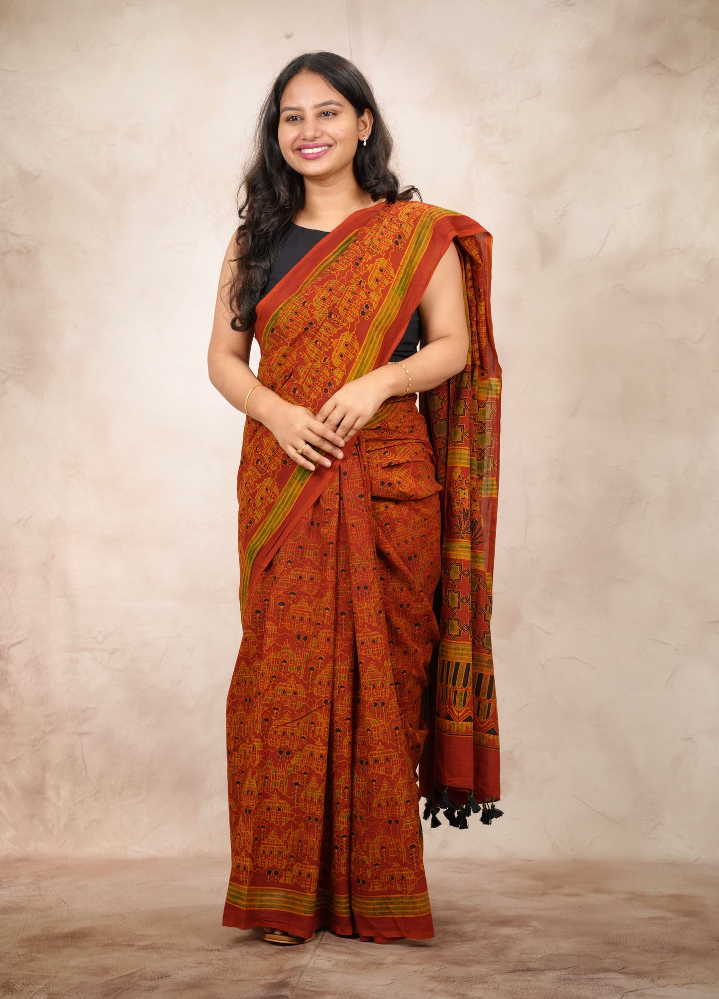 Ajrakh Hand Block Printed Cotton Saree | Looms & Tassels
