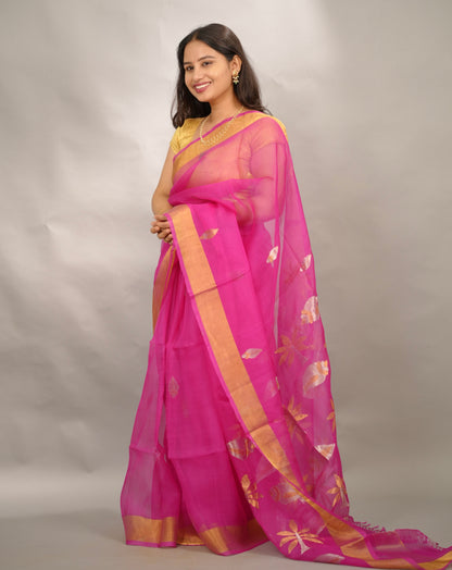 Pink Handloom Muslin Silk Saree With jamdhani weaving | Looms & Tassels