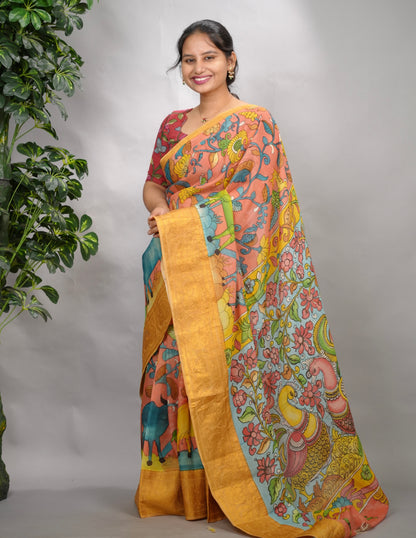 Peach Hand Drawn Pen Kalamkari Bangalore Silk Kanchi Border Saree | Looms & Tassels