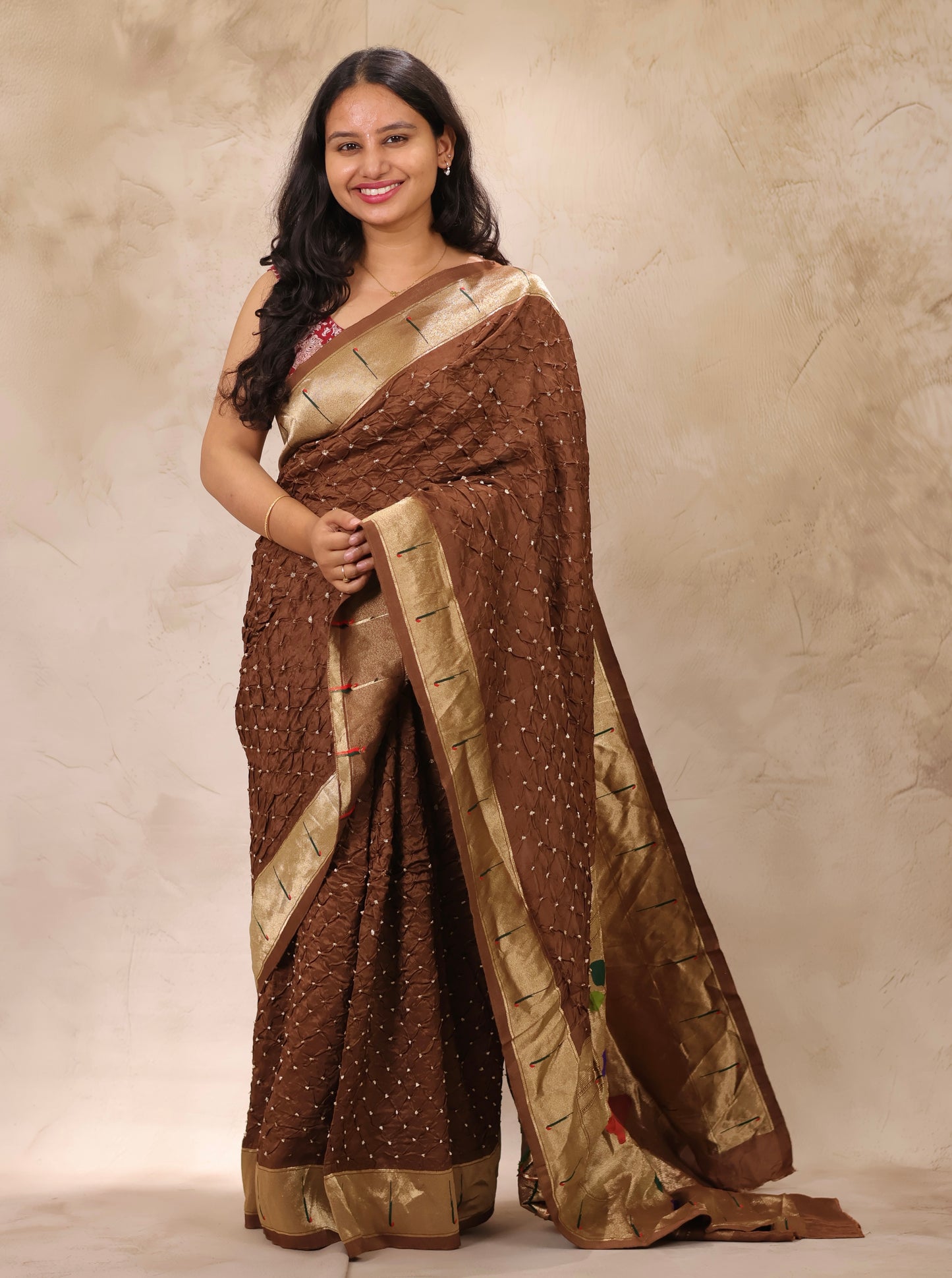 Brown Handcrafted Bandhani Paithani Dola Silk Saree | Looms & Tassels