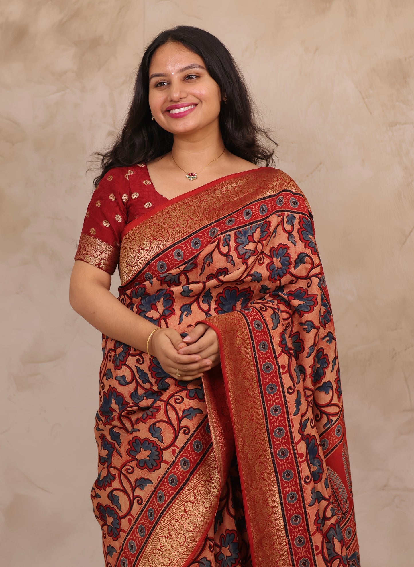 Onion Pink & Blue Ajrakh Handblock printed Dola Silk Saree | Looms & Tassels