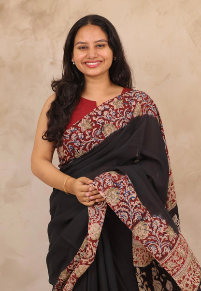 Black Hand Block Printed Kalamkari Cotton Saree | Looms & Tassels