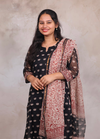 Black Handblock printed kota 3 piece suit (stitched)