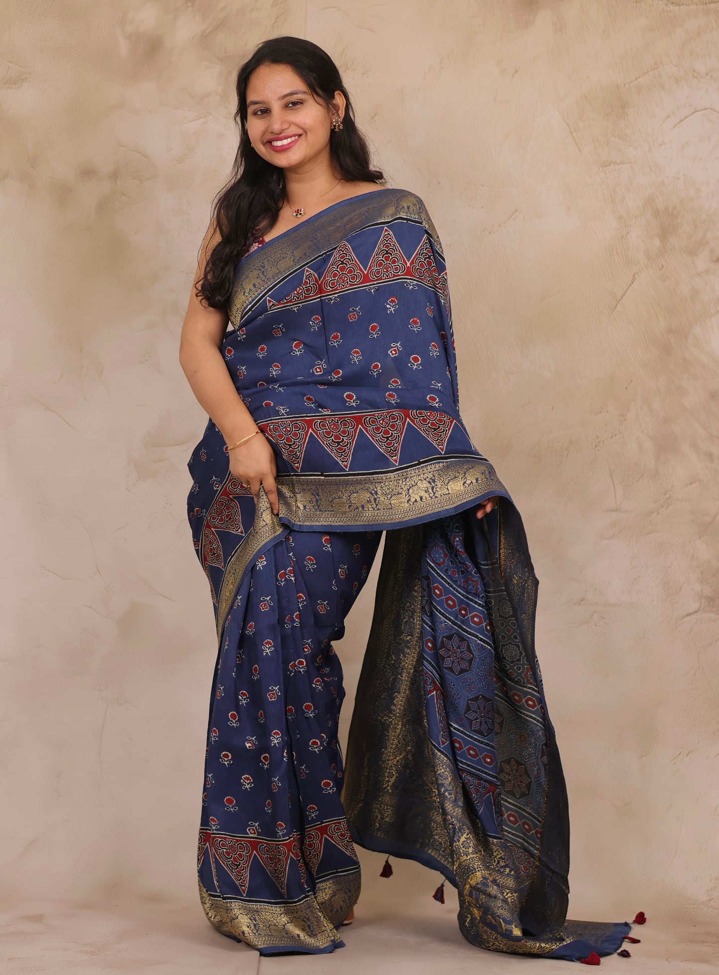 Indigo Floral Ajrakh Handblock printed Dola Silk Saree | Looms & Tassels