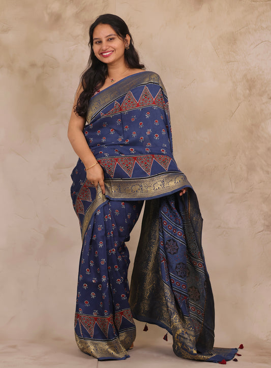 Indigo Floral Ajrakh Handblock printed Dola Silk Saree | Looms & Tassels