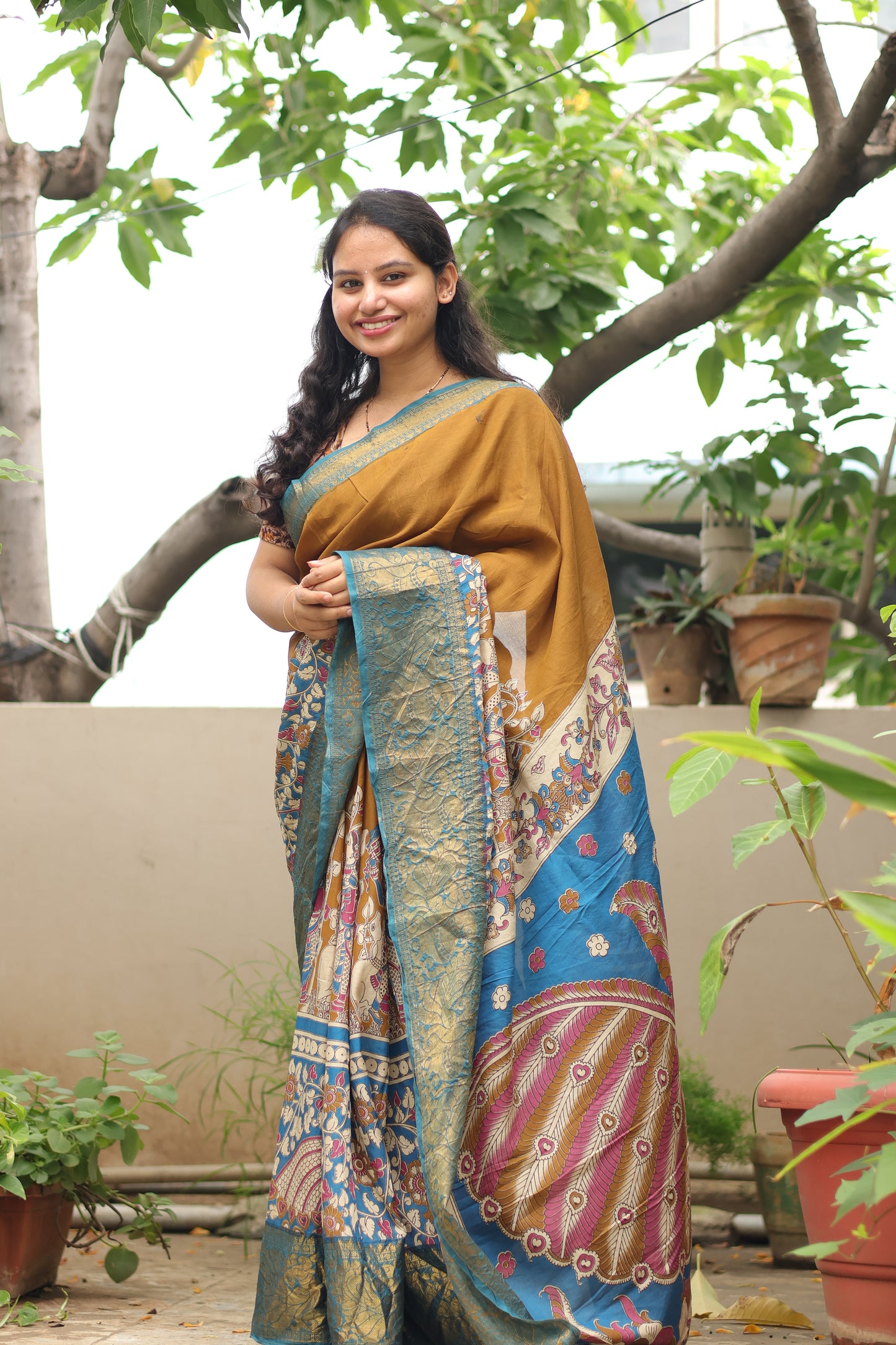 Mustard Kanchi border Kalamkari chennur silk saree