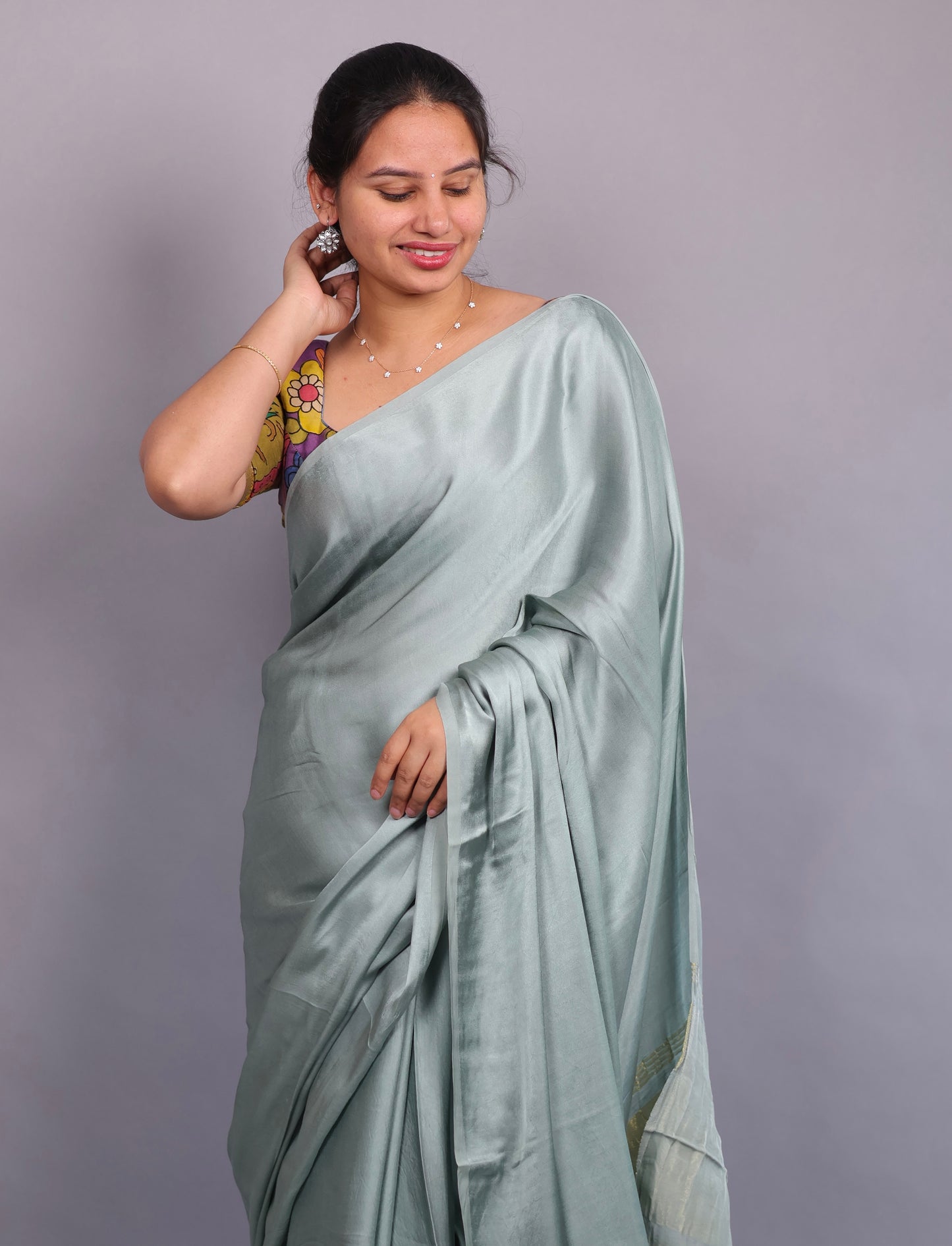 Sea Green Plain Modal Silk Saree with Lagdi Pallu | Looms & Tassels