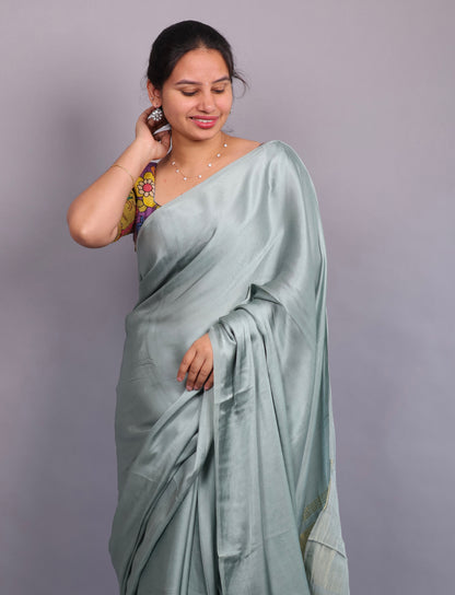Sea Green Plain Modal Silk Saree with Lagdi Pallu | Looms & Tassels